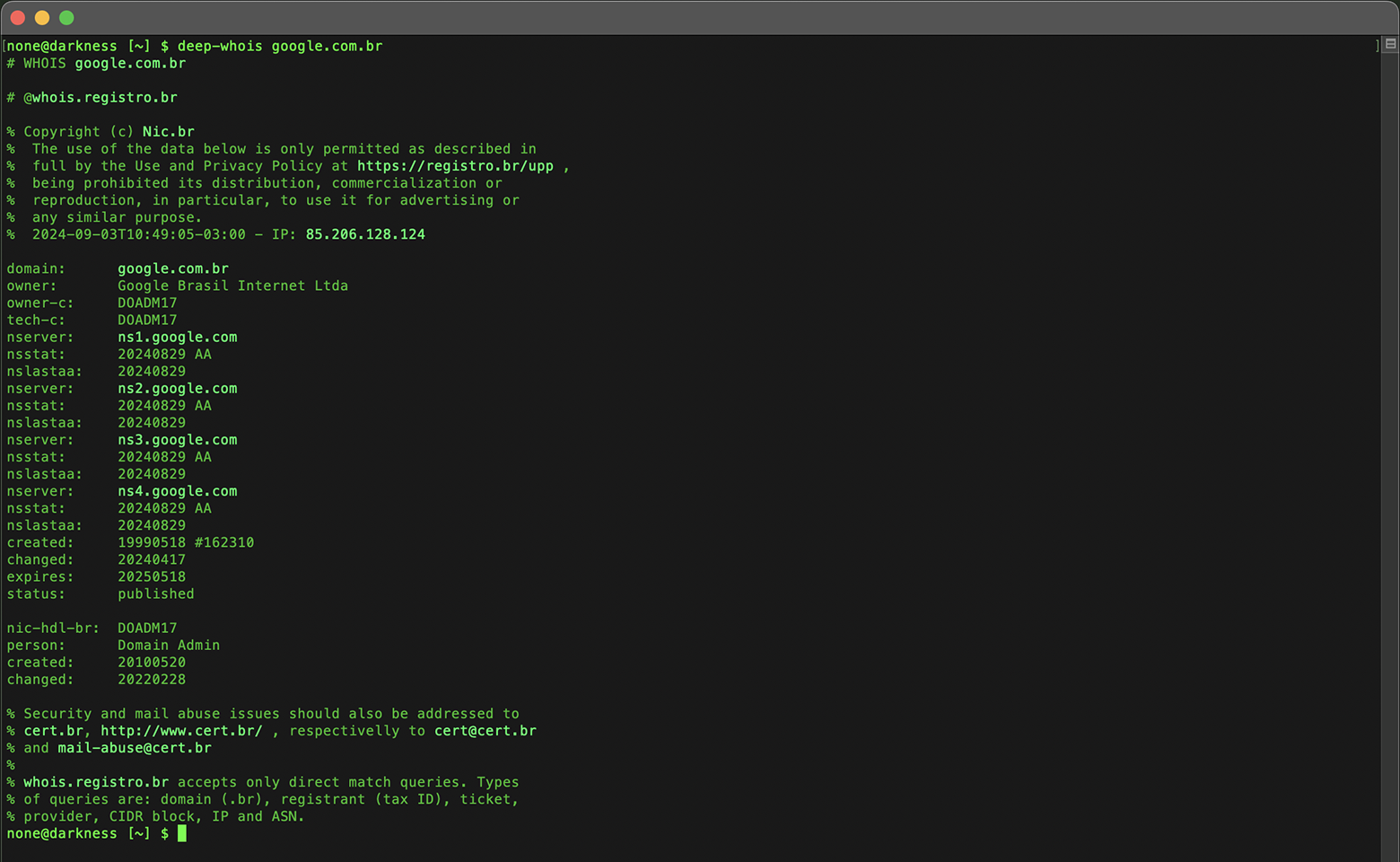 Domain-Whois-Suche im Terminal: Daten für google.com.br