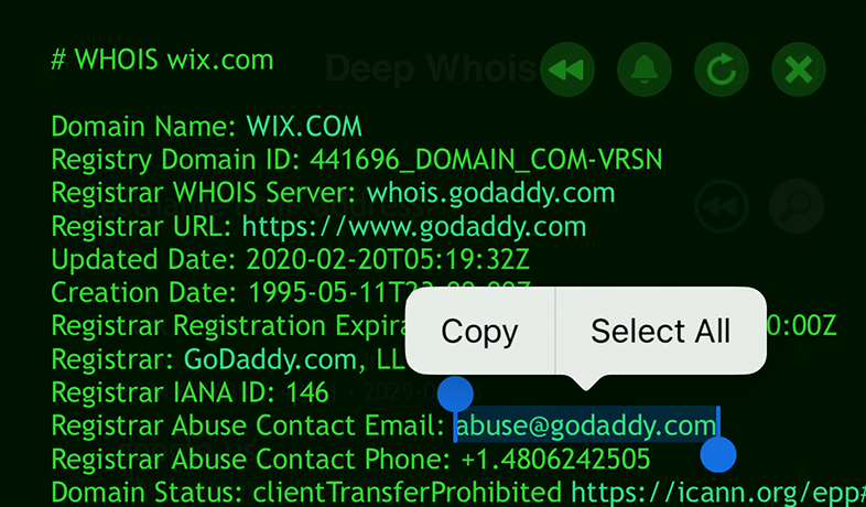 Domain-Whois-Suche auf iOS: Kontakte für wix.com