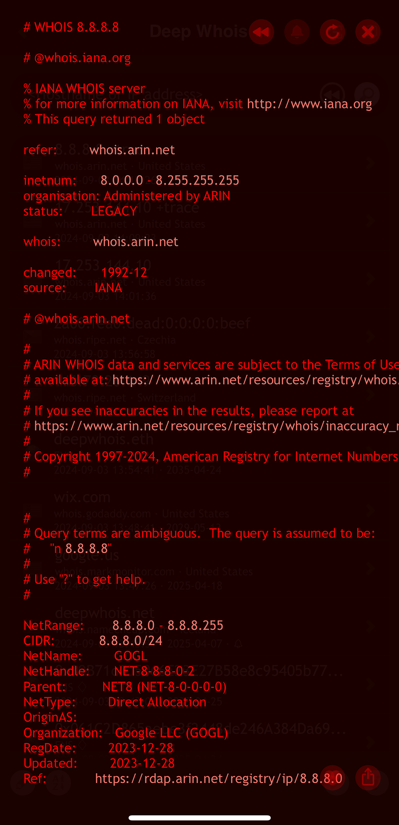 IP-Whois-Suche auf iOS: RIR-Daten für IPv4 (G) mit Trace