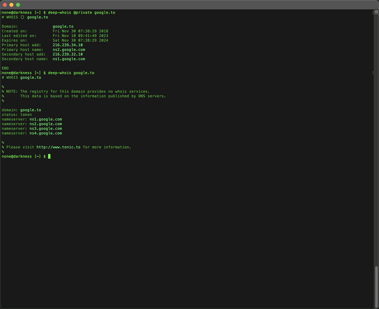 Privacy Shield: sichere Whois-Suche im Terminal (Domain google.to)
