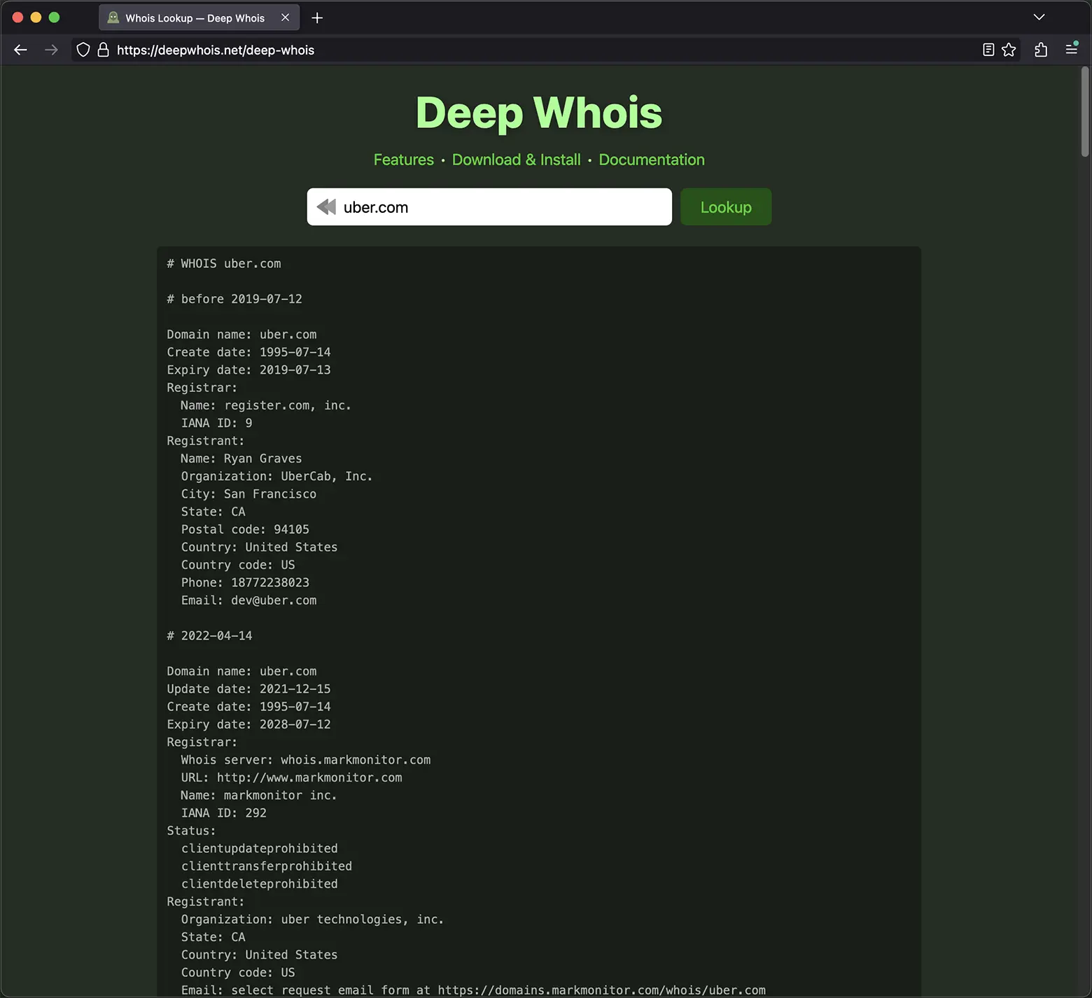 Whois-Verlauf für die Domain uber.com in Deep Whois (Web-Version)