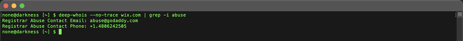 Búsqueda Whois de dominio en Terminal: contactos de abuso para wix.com