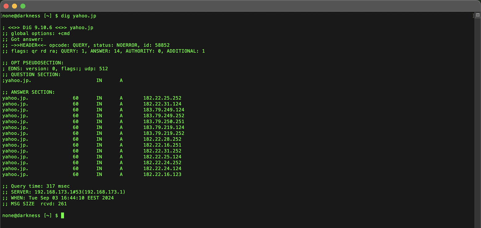 Búsqueda Whois de dominio en Terminal: resultado de dig yahoo.jp