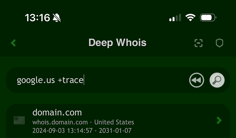 Búsqueda Whois de dominio en iOS: consulta para google.us con trace