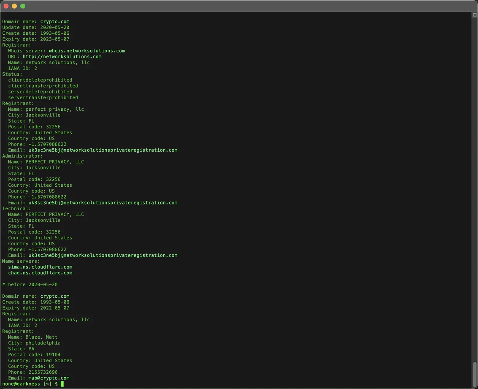 Historial de Whois para el dominio crypto.com en Deep Whois en Terminal