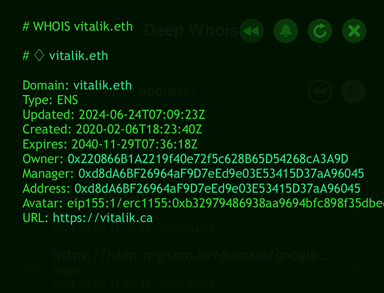 Recherche Whois de domaine sur iOS : données pour vitalik.eth