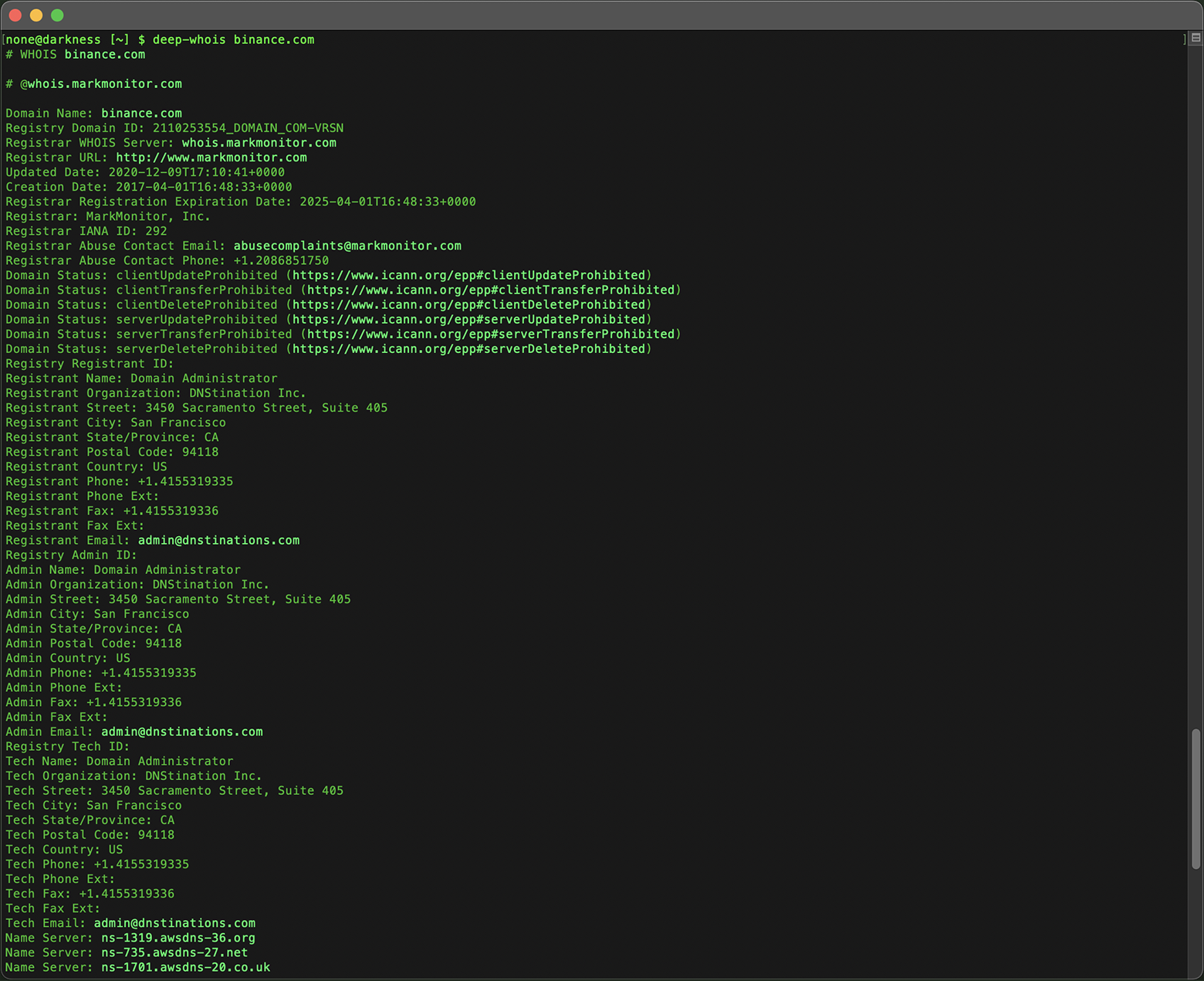 Deep Whois Lookup in Terminal: Data for binance.com Domain