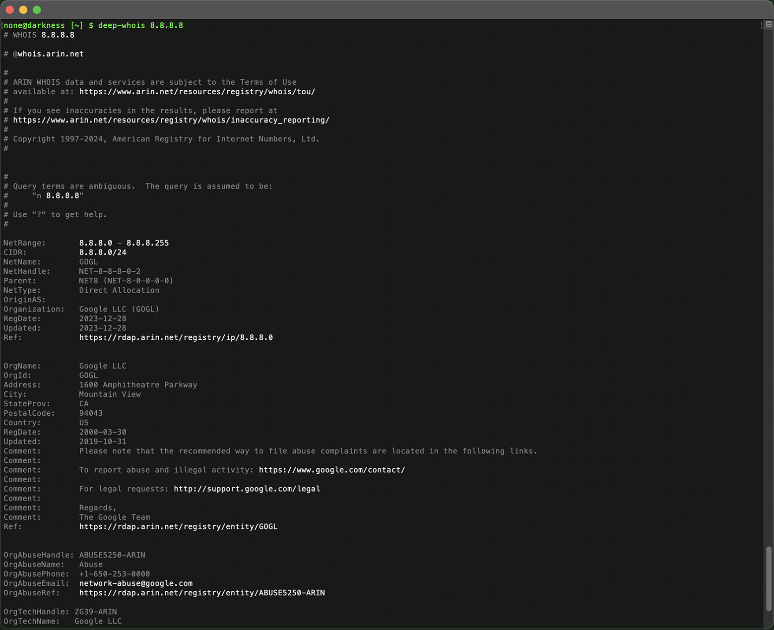 Deep Whois Lookup in Terminal: Data for IP Address