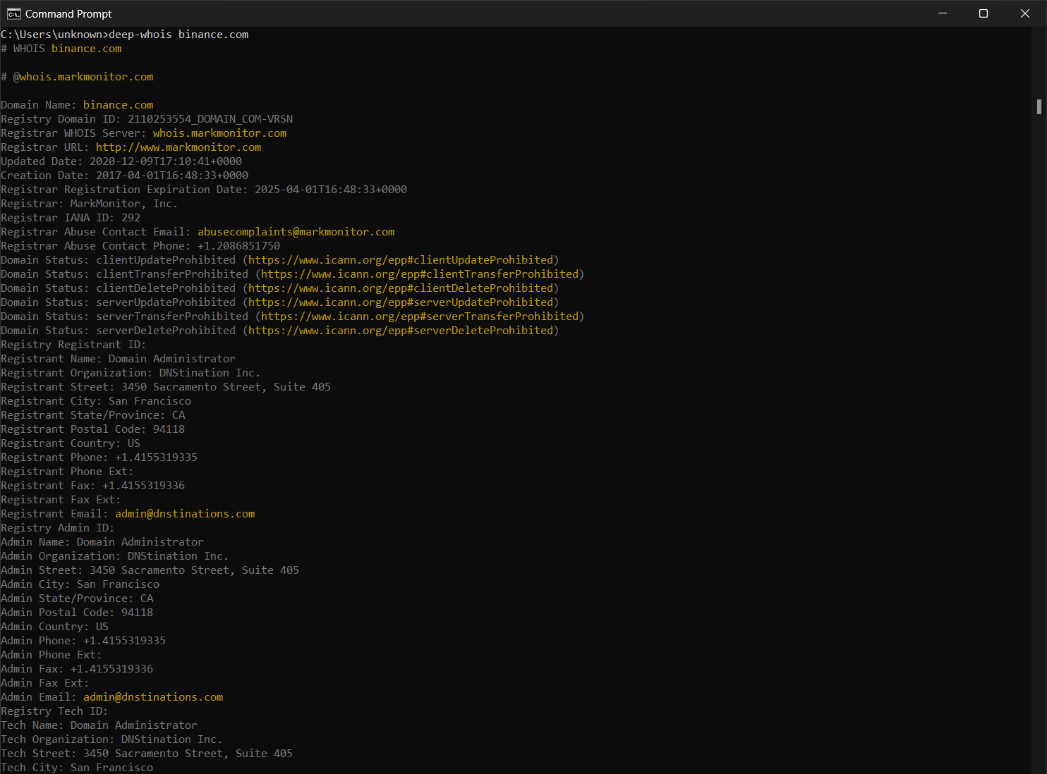 Deep Whois Lookup in Windows: Command Prompt Data for binance.com