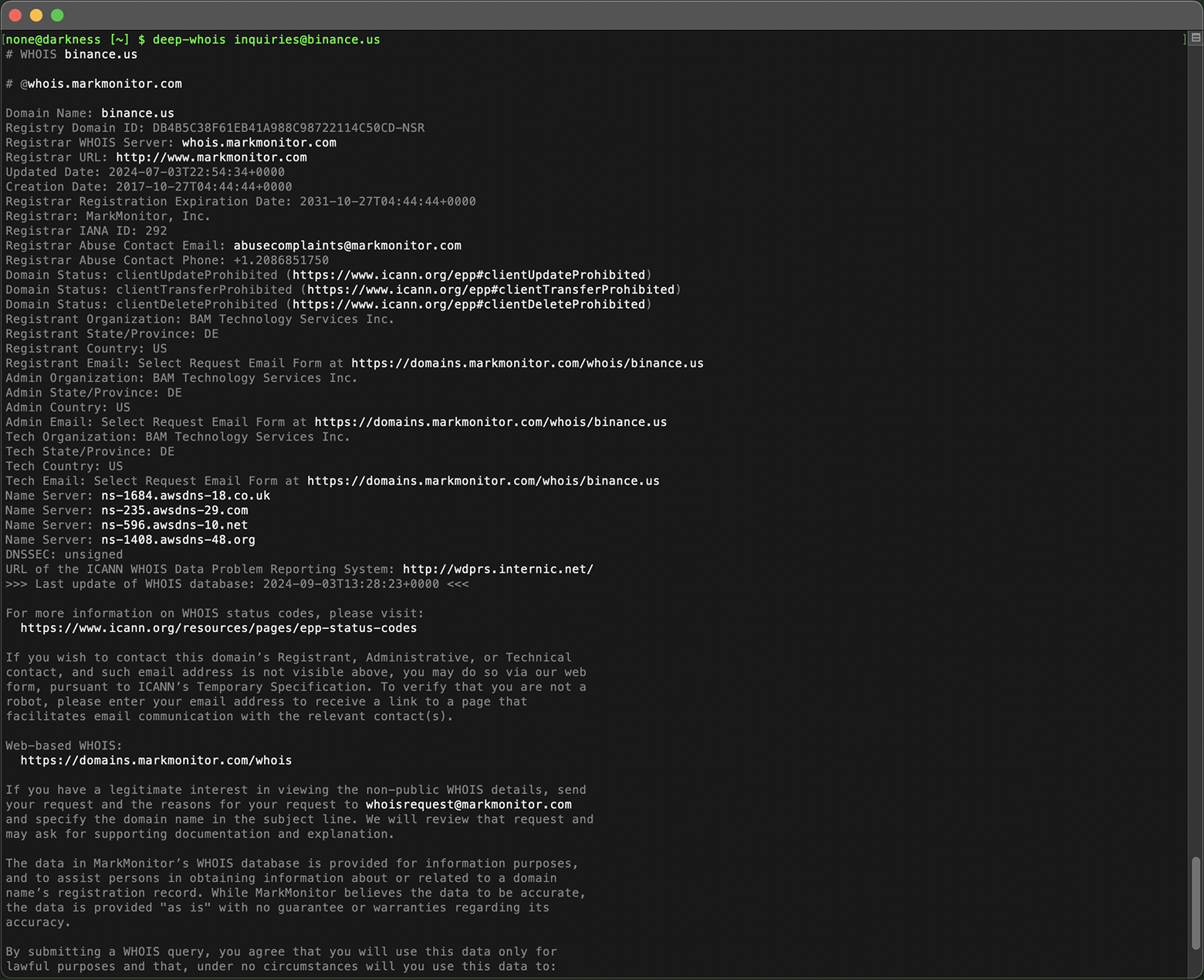 Domain Whois Lookup in Terminal: Data for binance.com Email