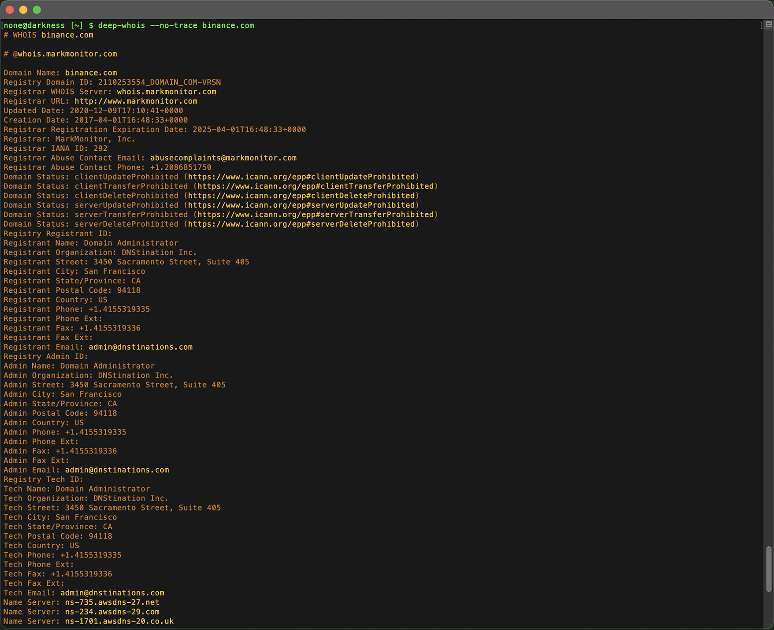 Domain Whois Lookup in Terminal: Data for binance.com without Trace