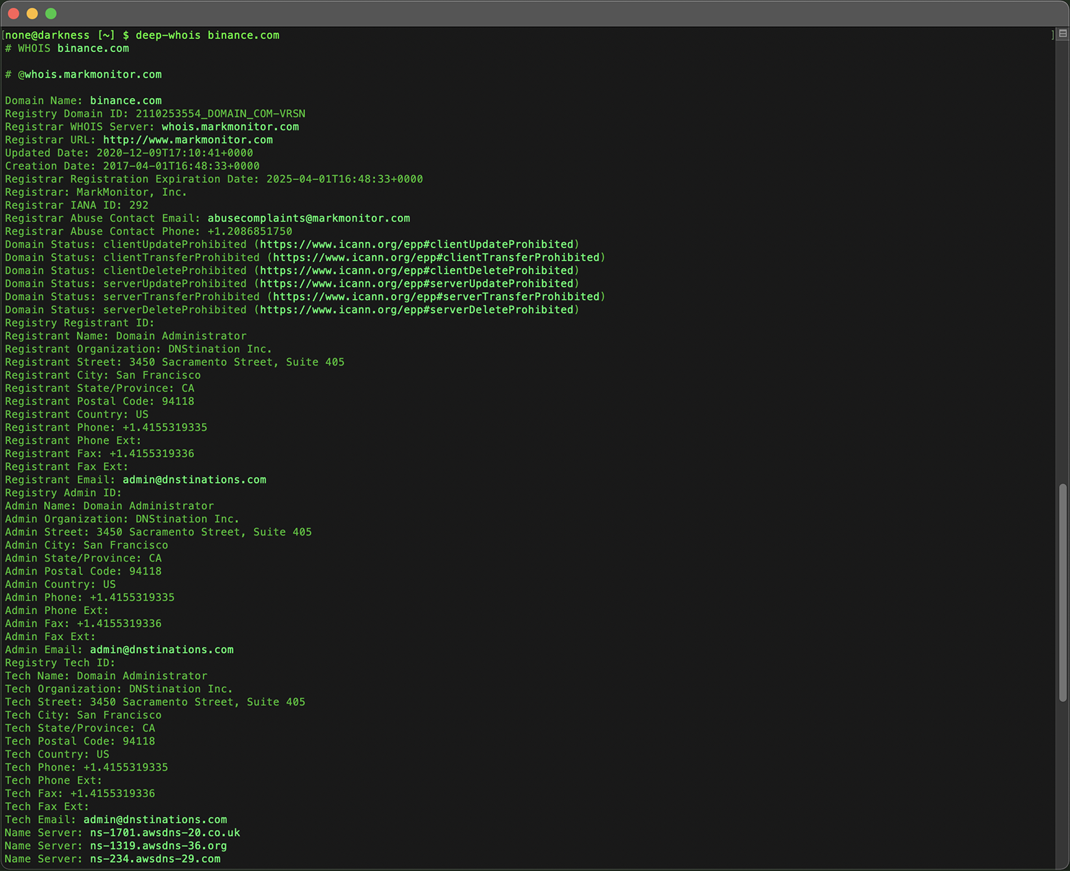 Domain Whois Lookup in Terminal: Data for binance.com Domain