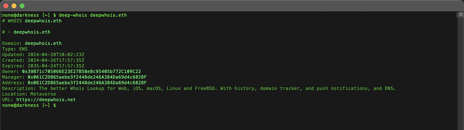 Domain Whois Lookup in Terminal: Data for deepwhois.eth