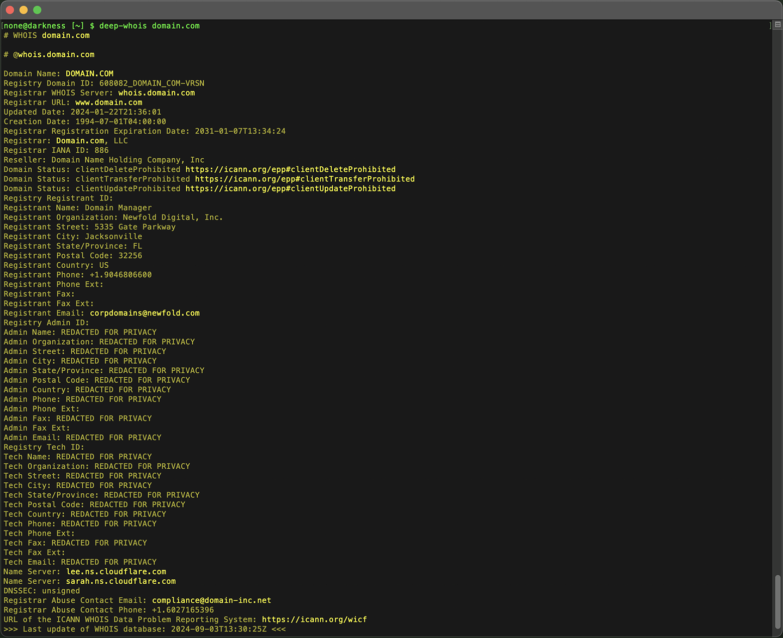 Domain Whois Lookup in Terminal: Data for domain.com Domain