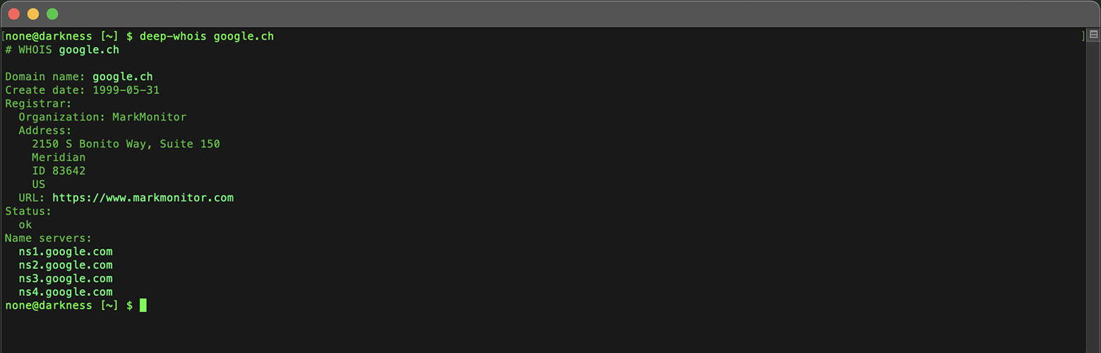 Domain Whois Lookup in Terminal: Data for google.ch