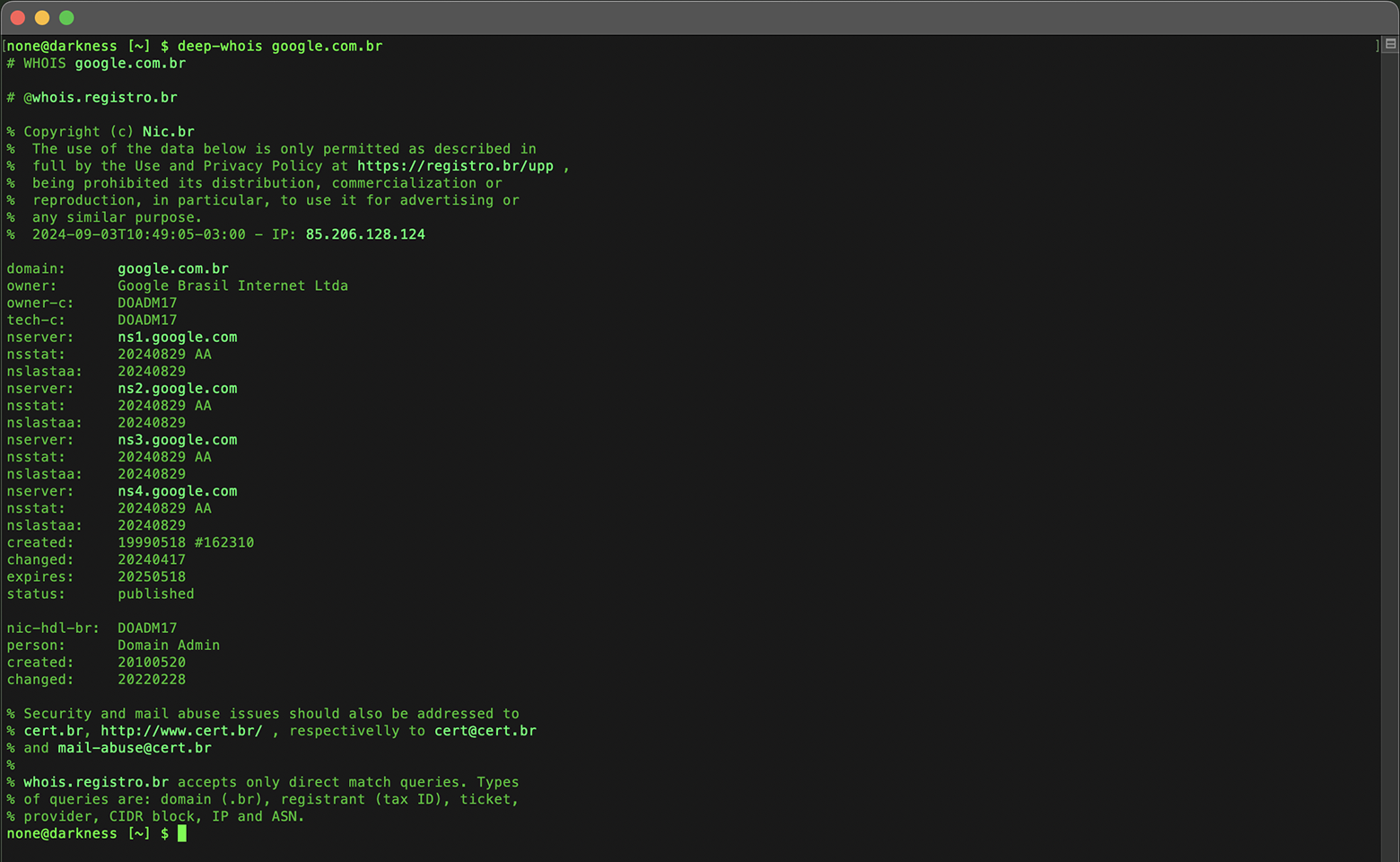 Domain Whois Lookup in Terminal: Data for google.com.br