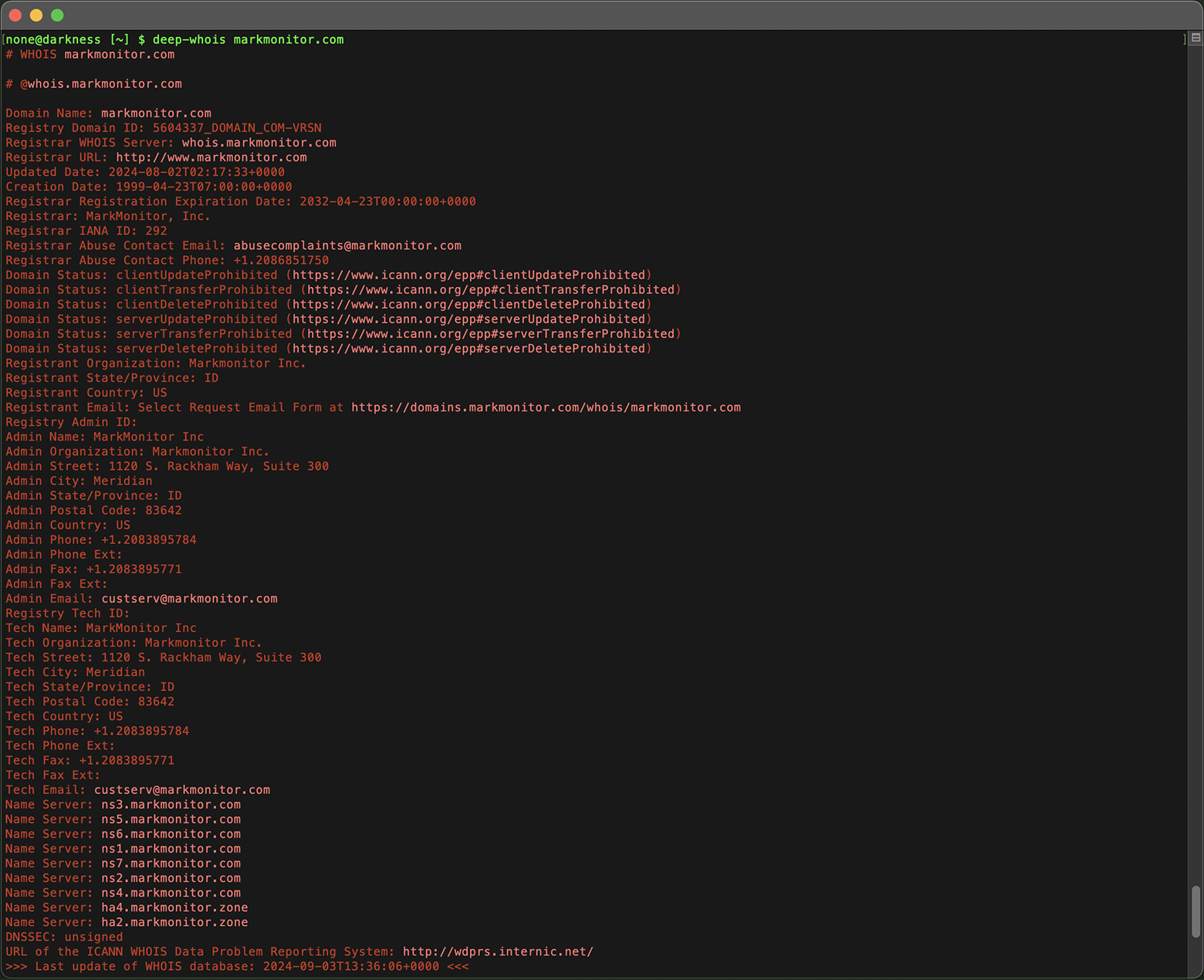 Domain Whois Lookup in Terminal: Data for markmonitor.com Domain