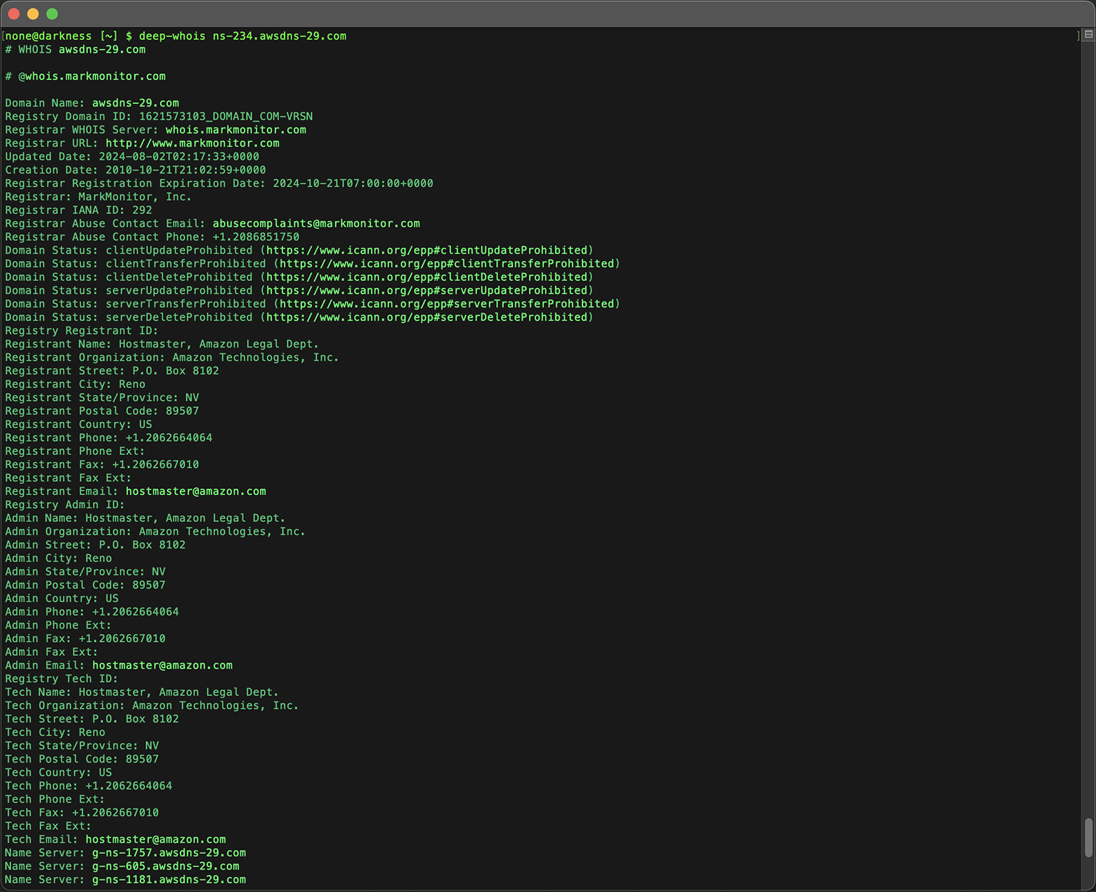 Domain Whois Lookup in Terminal: Data for ns.awsdns.com Hostname