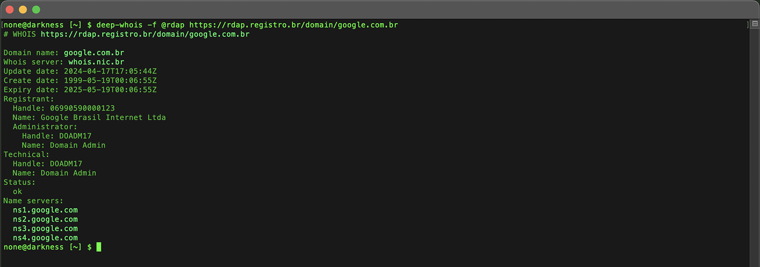 Domain Whois Lookup in Terminal: RDAP Data for google.com.br