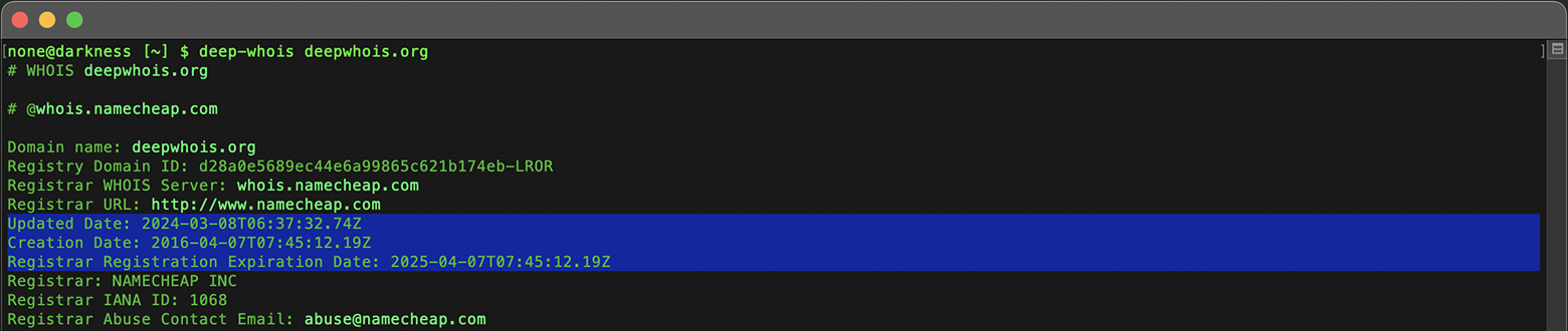 Domain Whois Lookup in Terminal: Dates for deepwhois.org