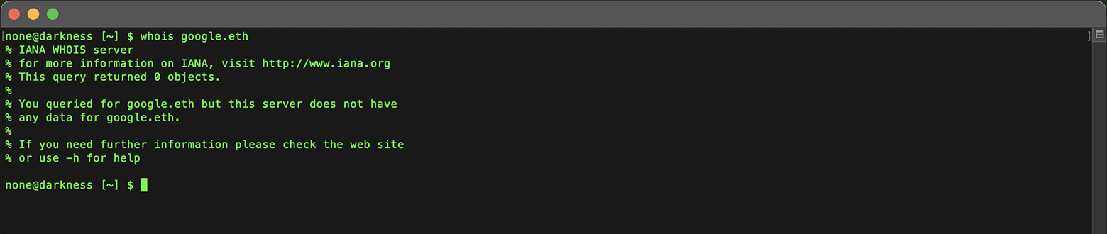 Domain Whois Lookup in Terminal: Stock Whois google.eth Error