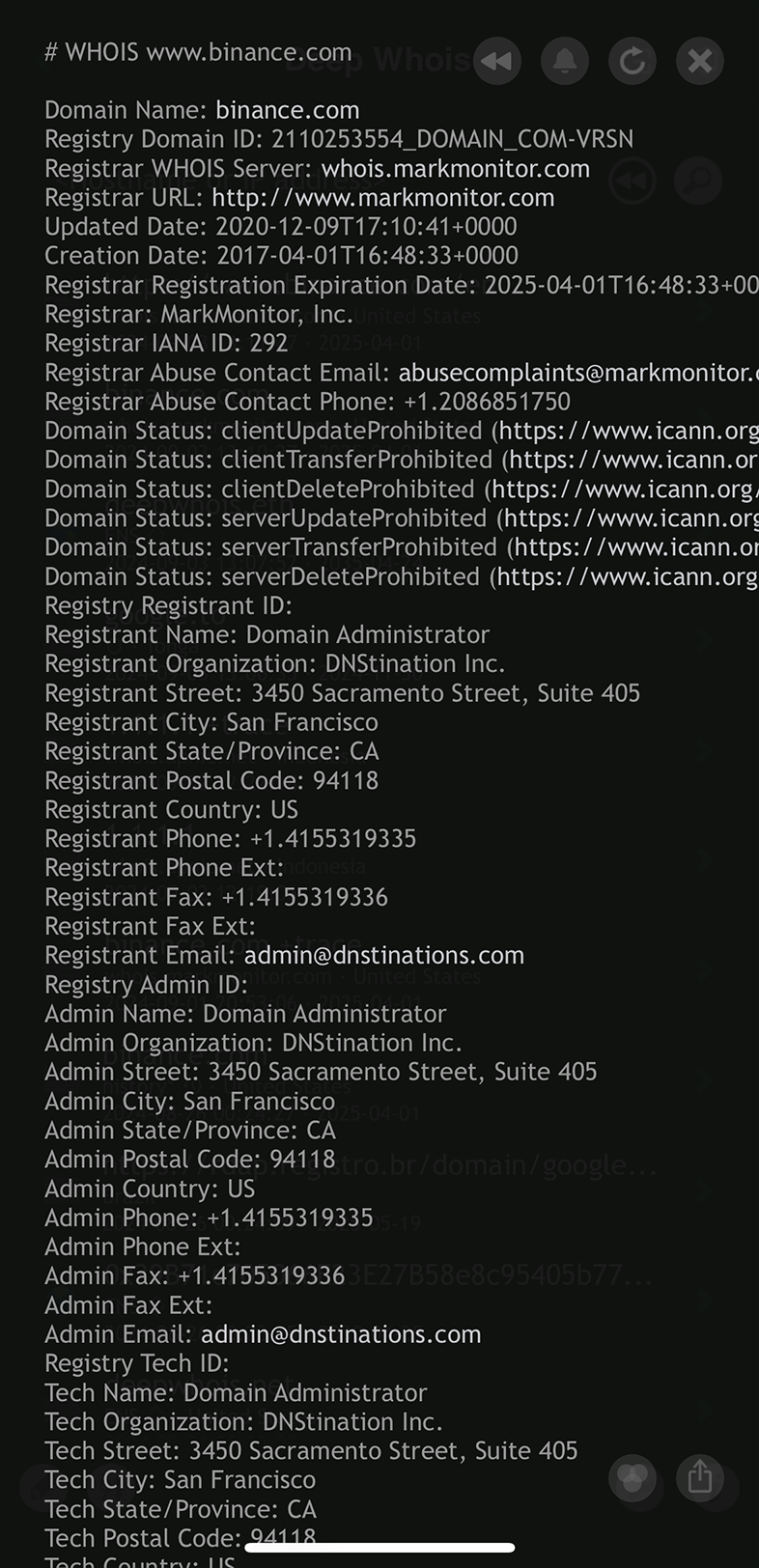 Domain Whois Lookup on iOS: Data for binance.com Website