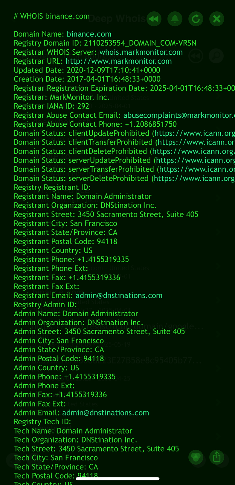 Domain Whois Lookup on iOS: Data for binance.com Domain