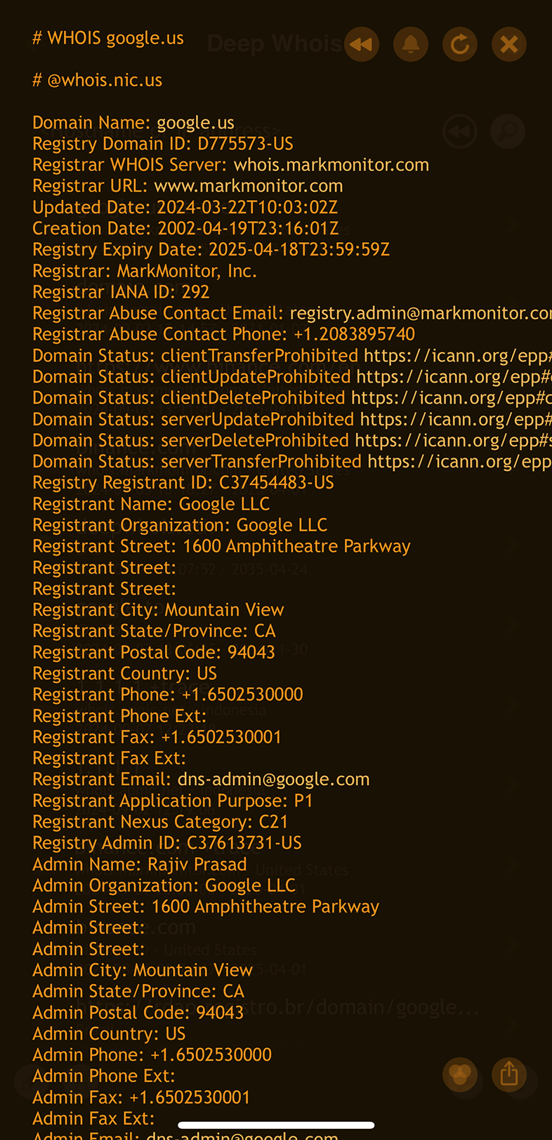 Domain Whois Lookup on iOS: Data for google.us with Trace