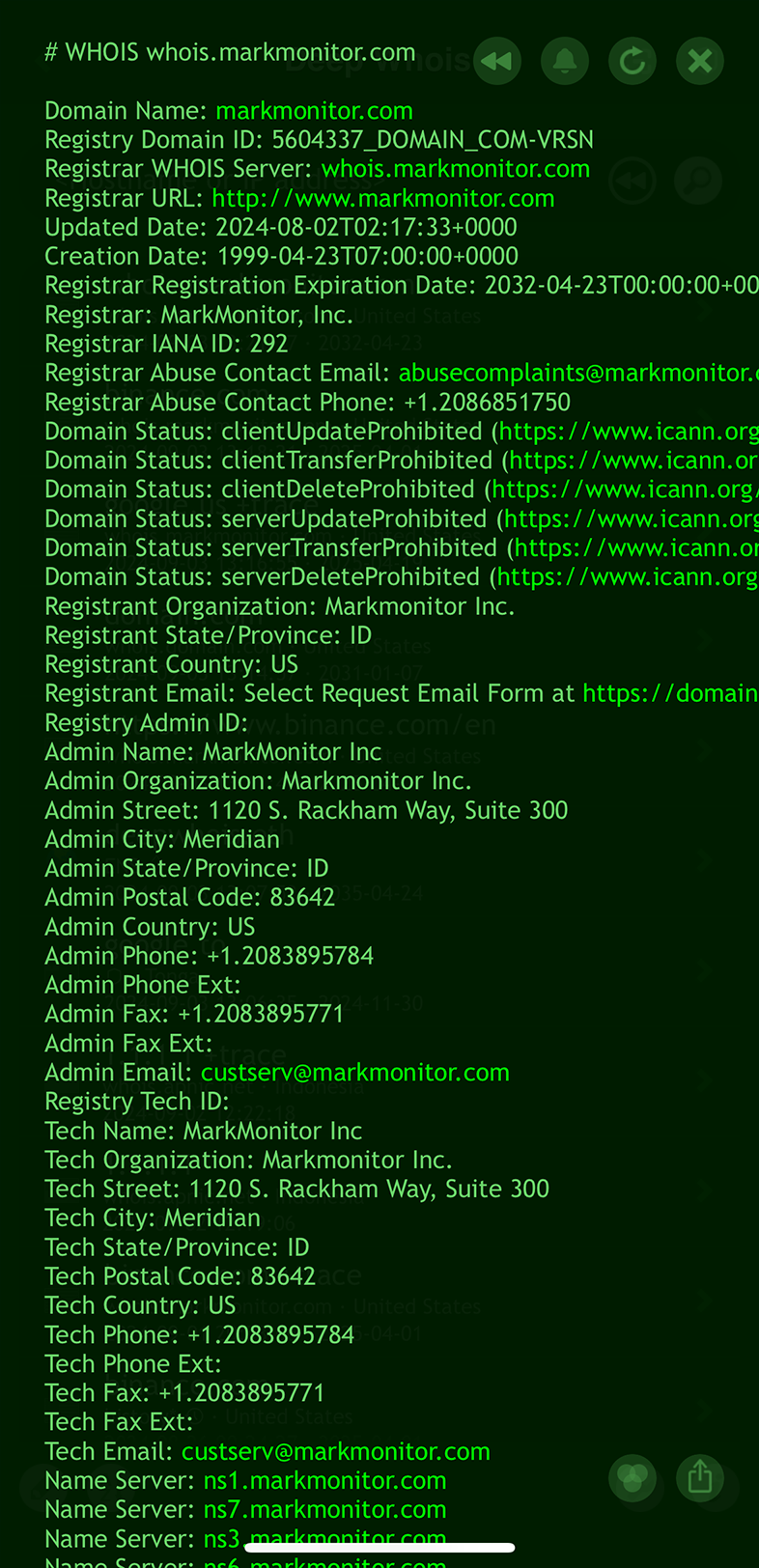 Domain Whois Lookup on iOS: Data for markmonitor.com Domain