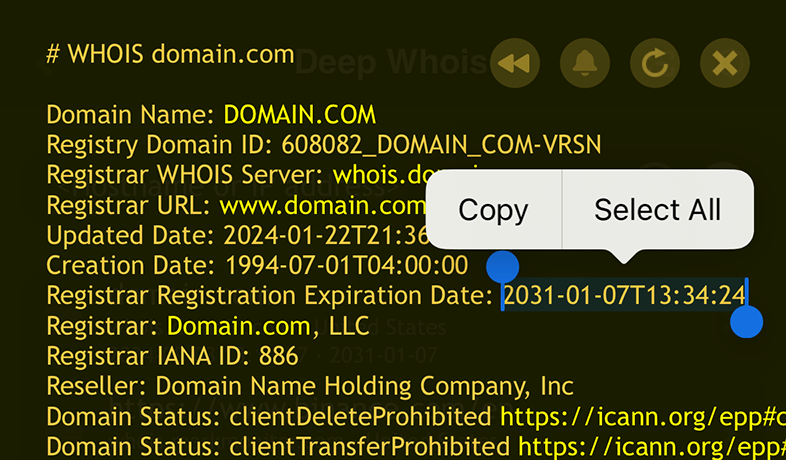 Domain Whois Lookup on iOS: Date for domain.com Domain