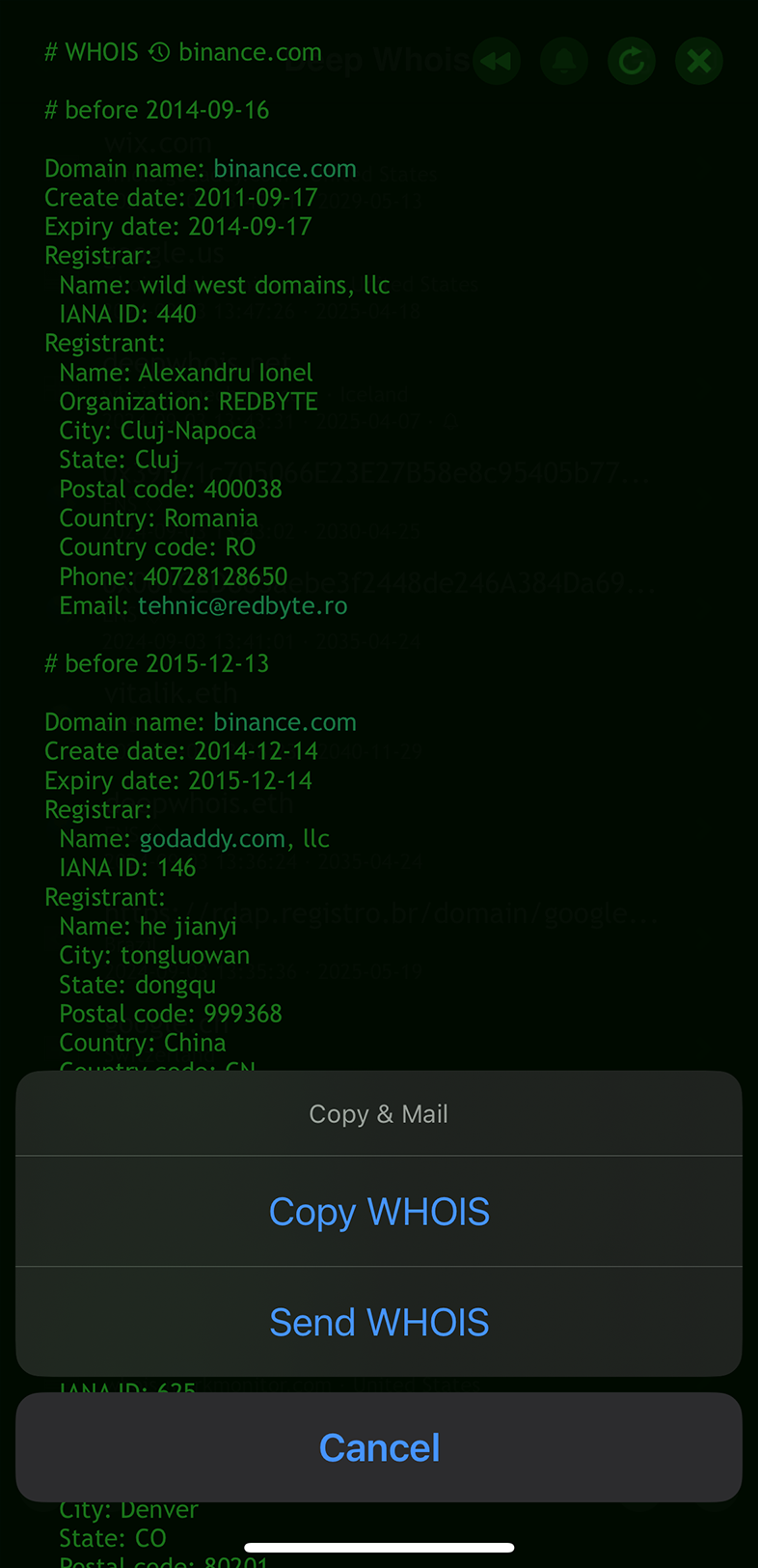 Domain Whois Lookup on iOS: History for binance.com (export)