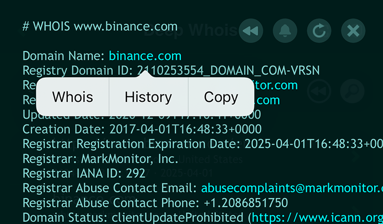 Domain Whois Lookup on iOS: Menu for binance.com Domain