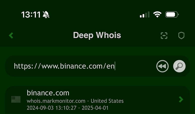 Domain Whois Lookup on iOS: Query for binance.com Website