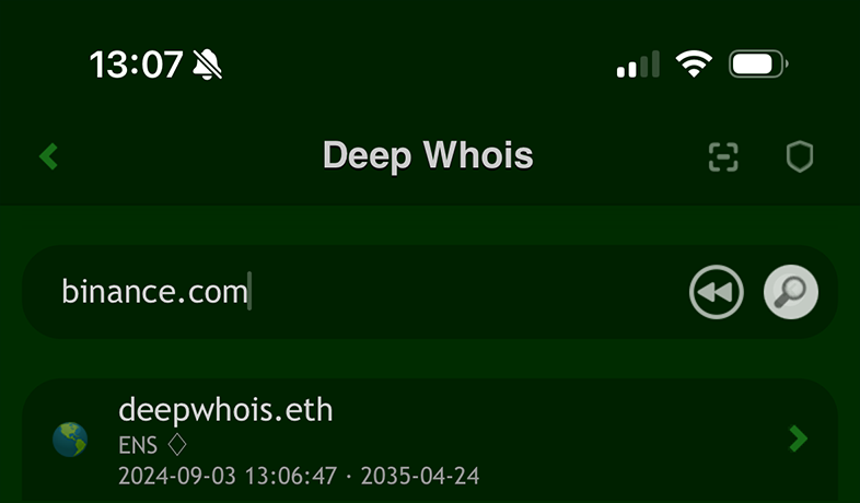 Domain Whois Lookup on iOS: Query for binance.com Domain