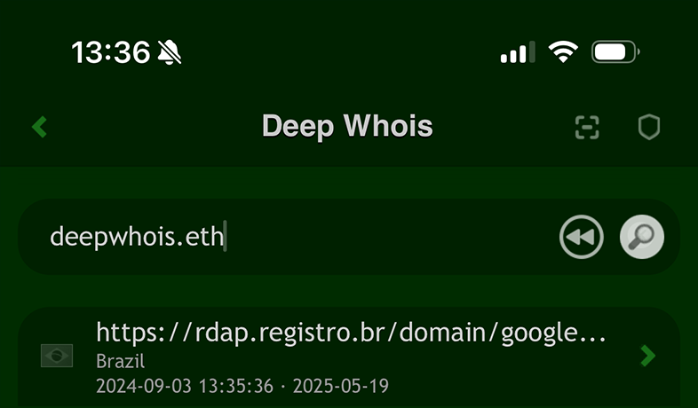 Domain Whois Lookup on iOS: Query for deepwhois.eth