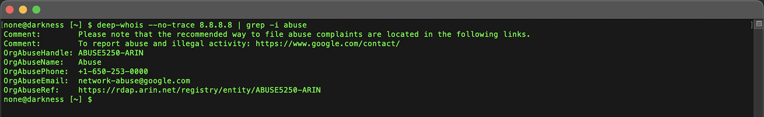 IP Address Whois Lookup in Terminal: Contacts for IPv4 (G) (abuse)