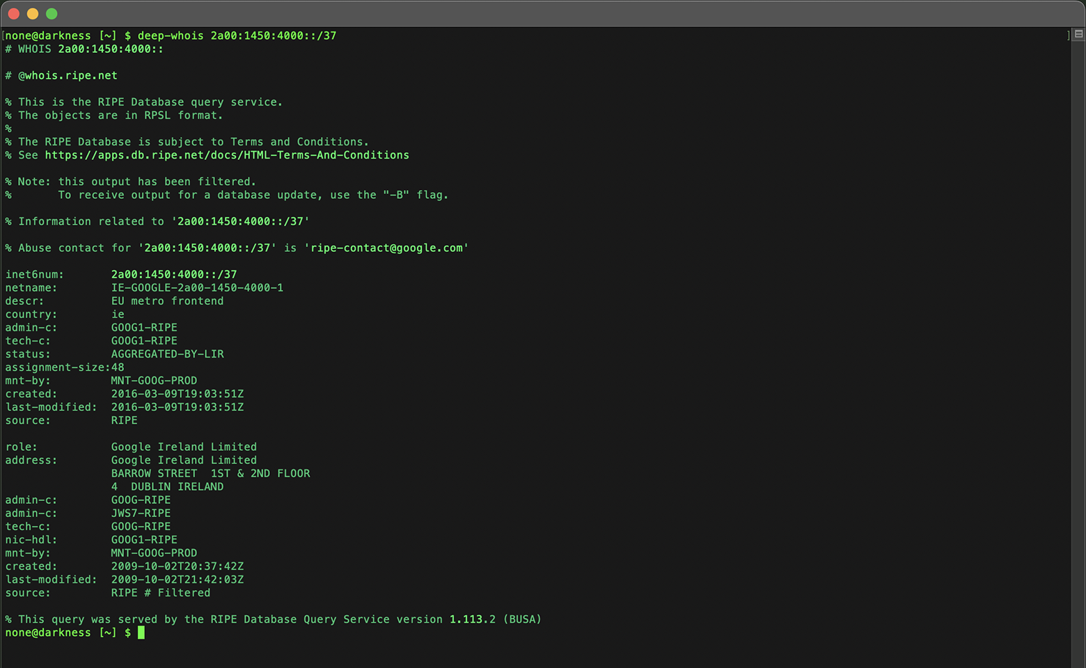 IP Address Whois Lookup in Terminal: Data for IPv6 (G) Network