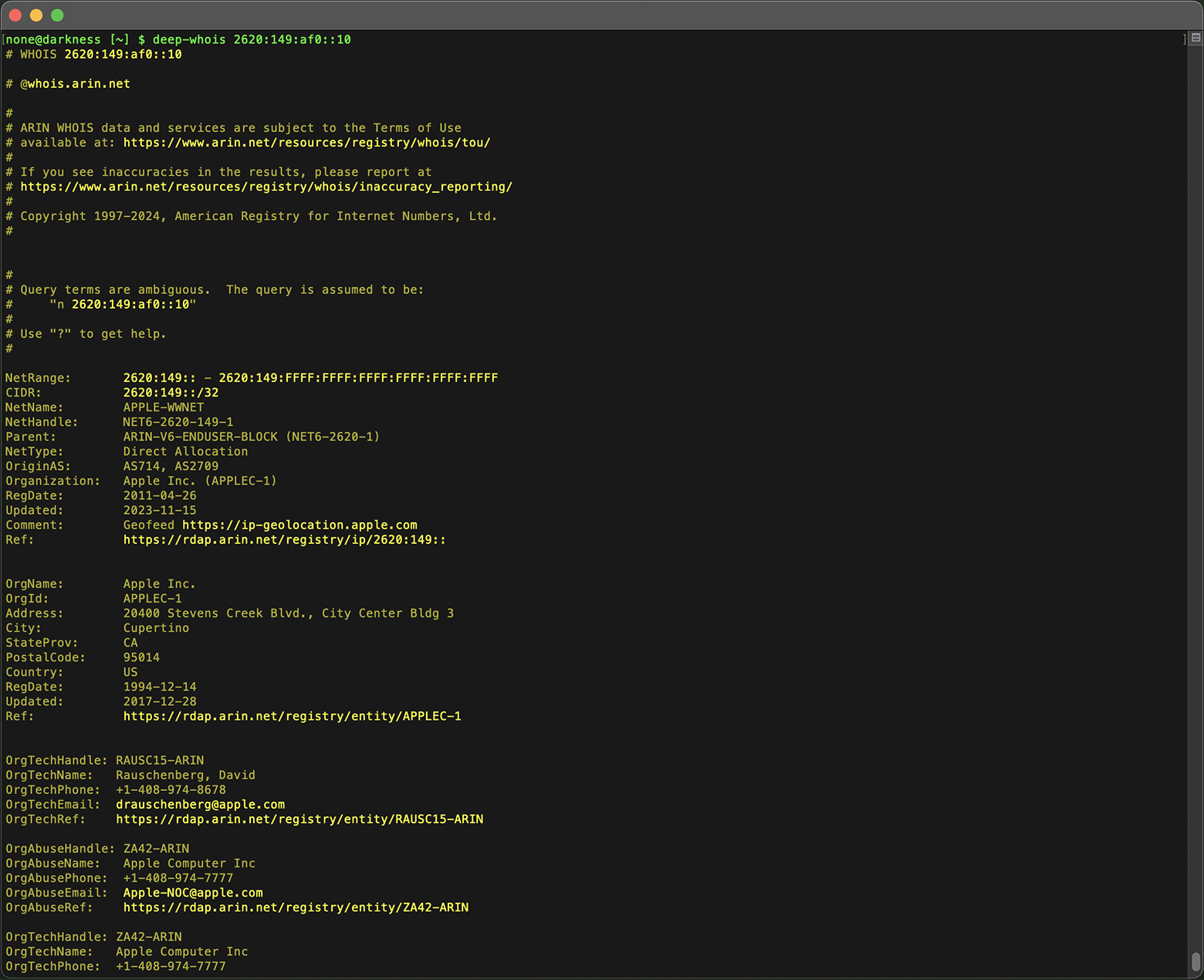 IP Address Whois Lookup in Terminal: Data for IPv6 (G)