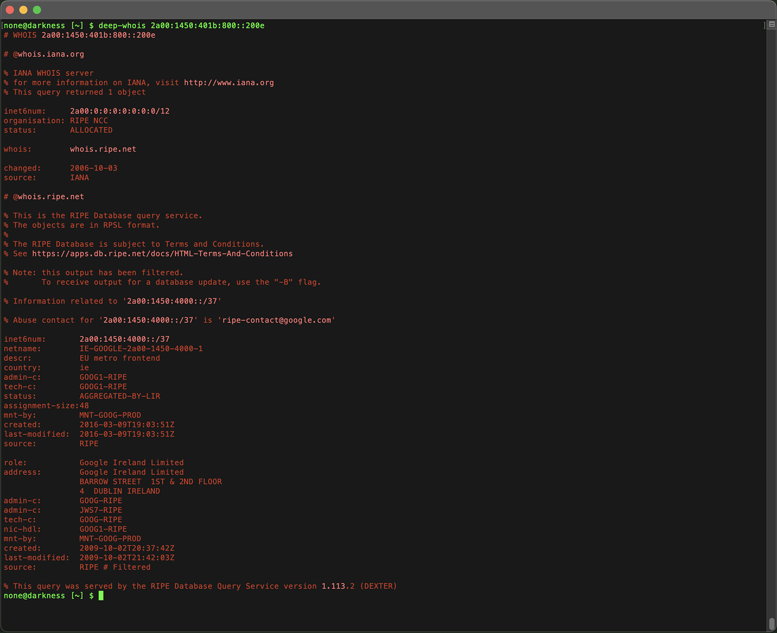 IP Address Whois Lookup in Terminal: RIR Data for IPv6 (G) with Trace