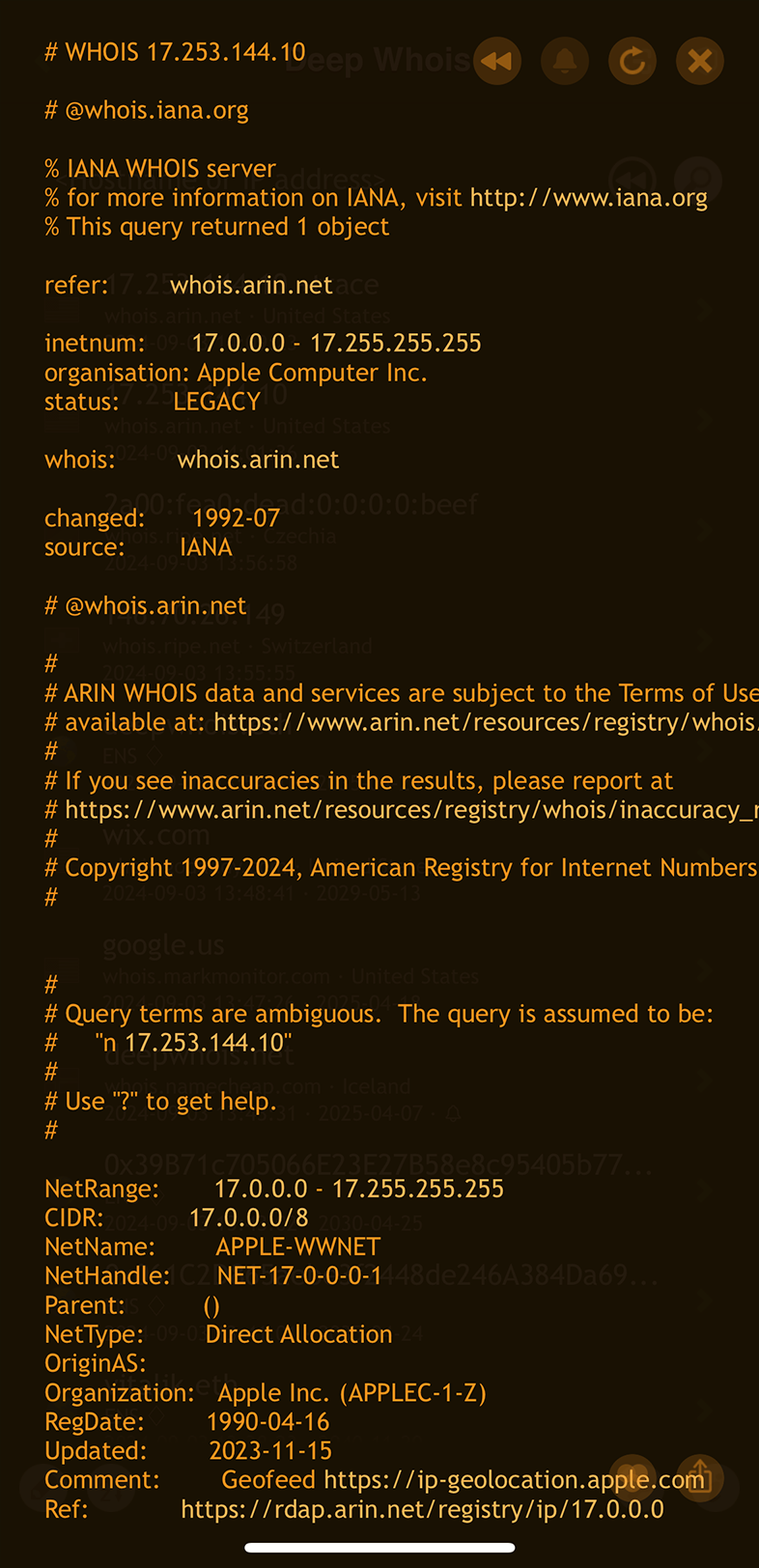 IP Address Whois Lookup on iOS: Data for IPv4 (A) with Trace