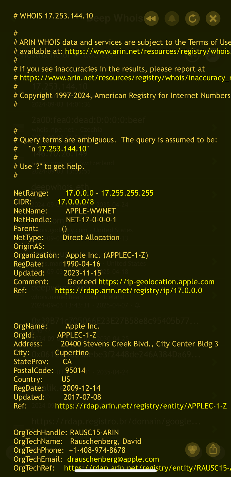 IP Address Whois Lookup on iOS: Data for IPv4 (A)