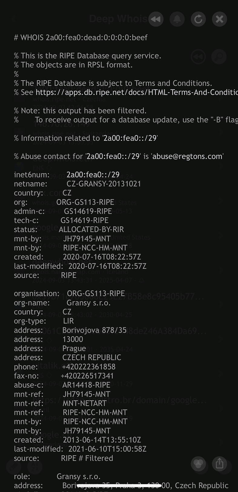 IP Address Whois Lookup on iOS: Data for IPv6