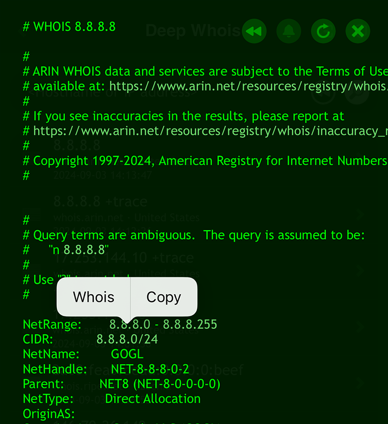 IP Address Whois Lookup on iOS: Menu IPv4 (G) Network