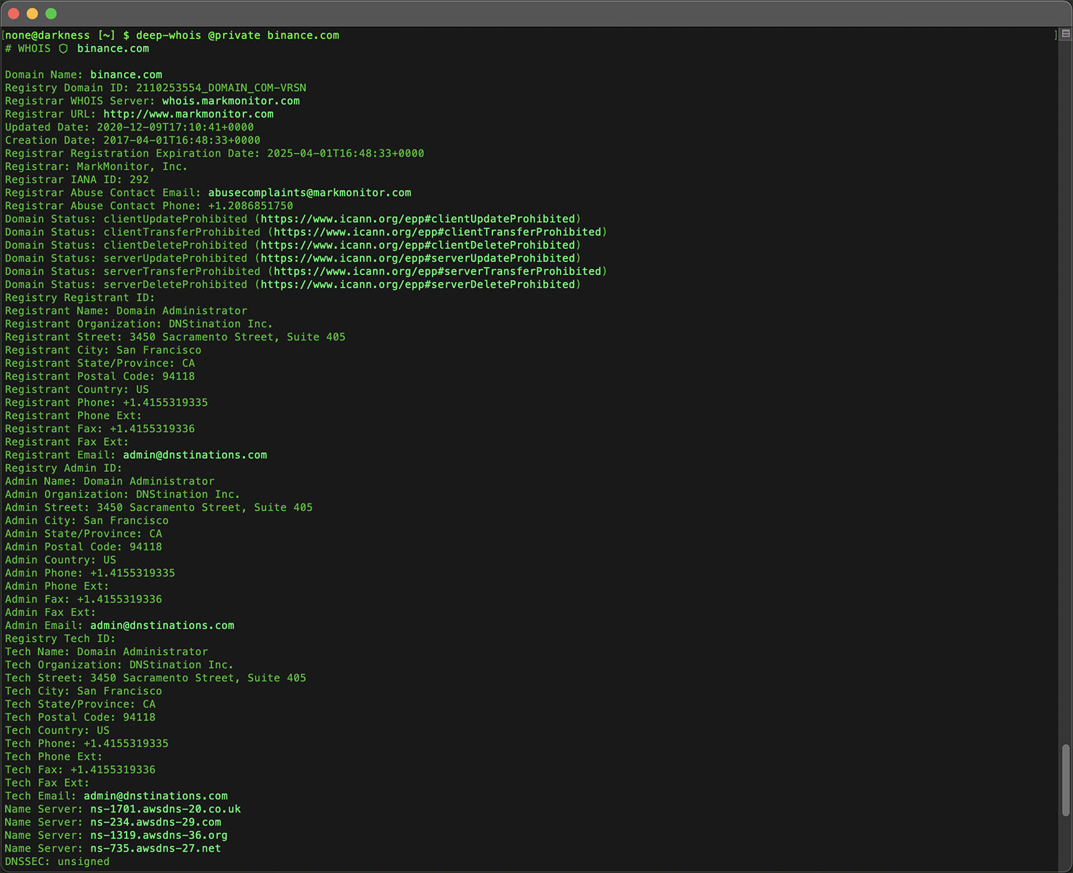Privacy Shield: Secure Whois Lookup in Terminal (for binance.com domain)