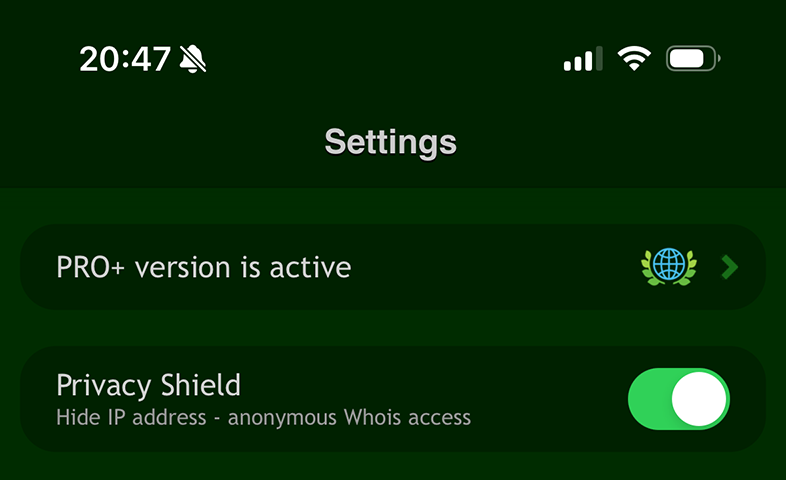 Privacy Shield: Secure Whois Lookup (iOS App Settings)