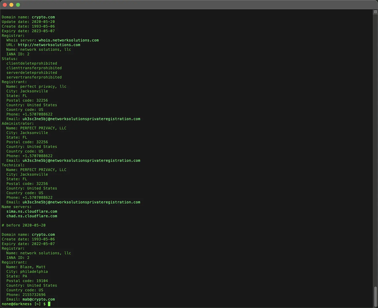 Whois History for crypto.com Domain in Deep Whois in Terminal