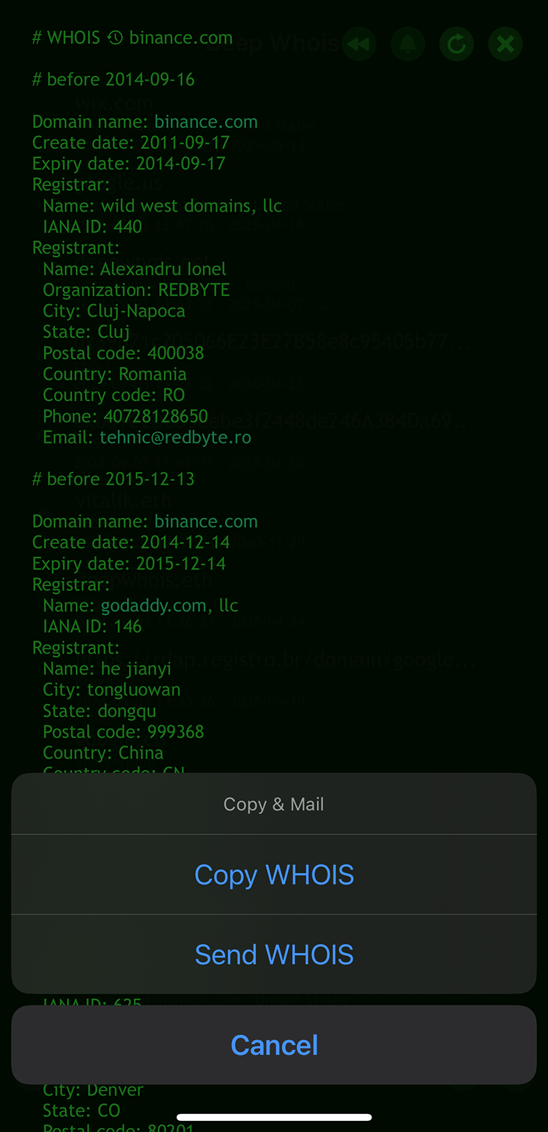 Ricerca Whois su iOS: esportazione cronologia per binance.com