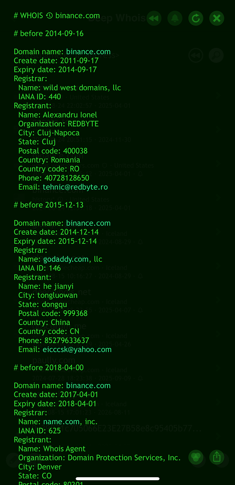 Cronologia Whois per il dominio binance.com in Deep Whois su iOS
