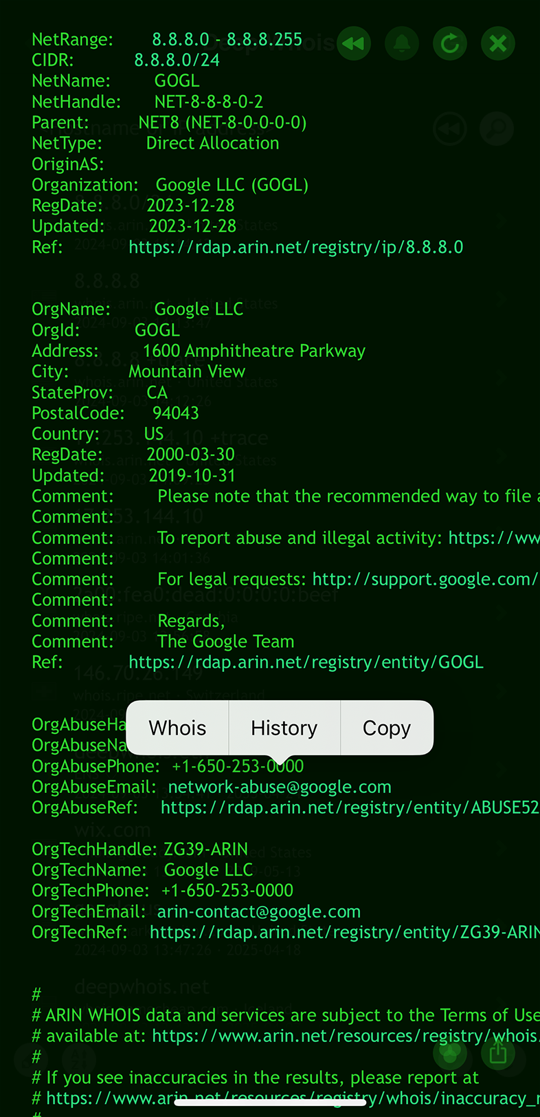 iOS에서 IP 주소 Whois 조회: IPv4(G) 연락처