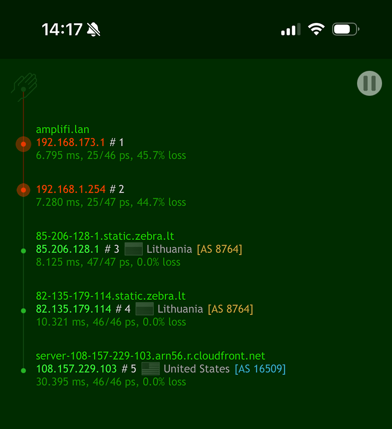 iOS용 Nice Trace: paully.com 도메인에 대한 traceroute